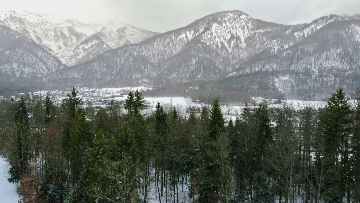 Scenic winter panorama of snow-capped mountains and forest in Bad Ischl, Austria.