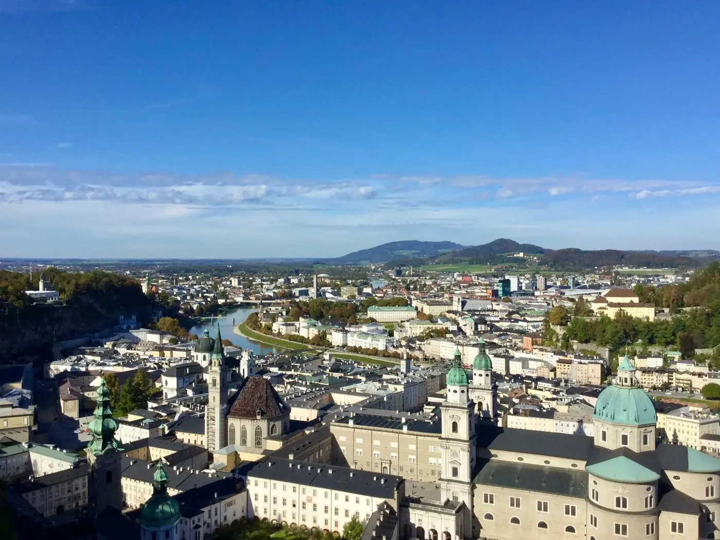 A breathtaking aerial view of Salzburg, Austria, showcasing historic architecture and the Salzach River.