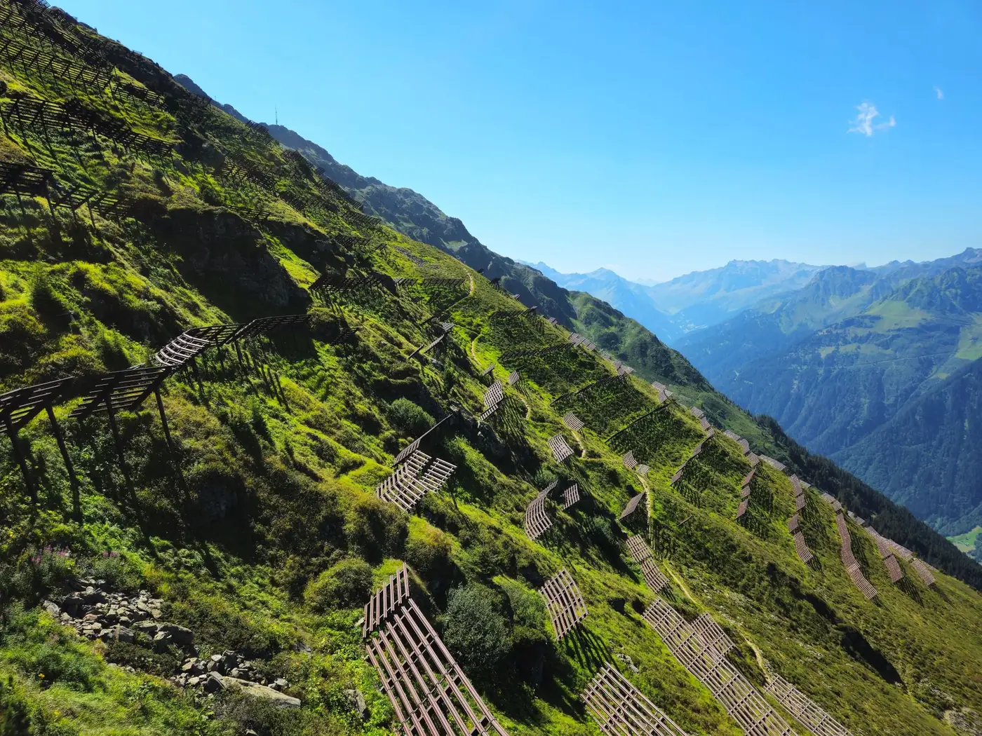 Stunning view of grass-covered slopes in the Vorarlberg Alps under a clear summer sky.