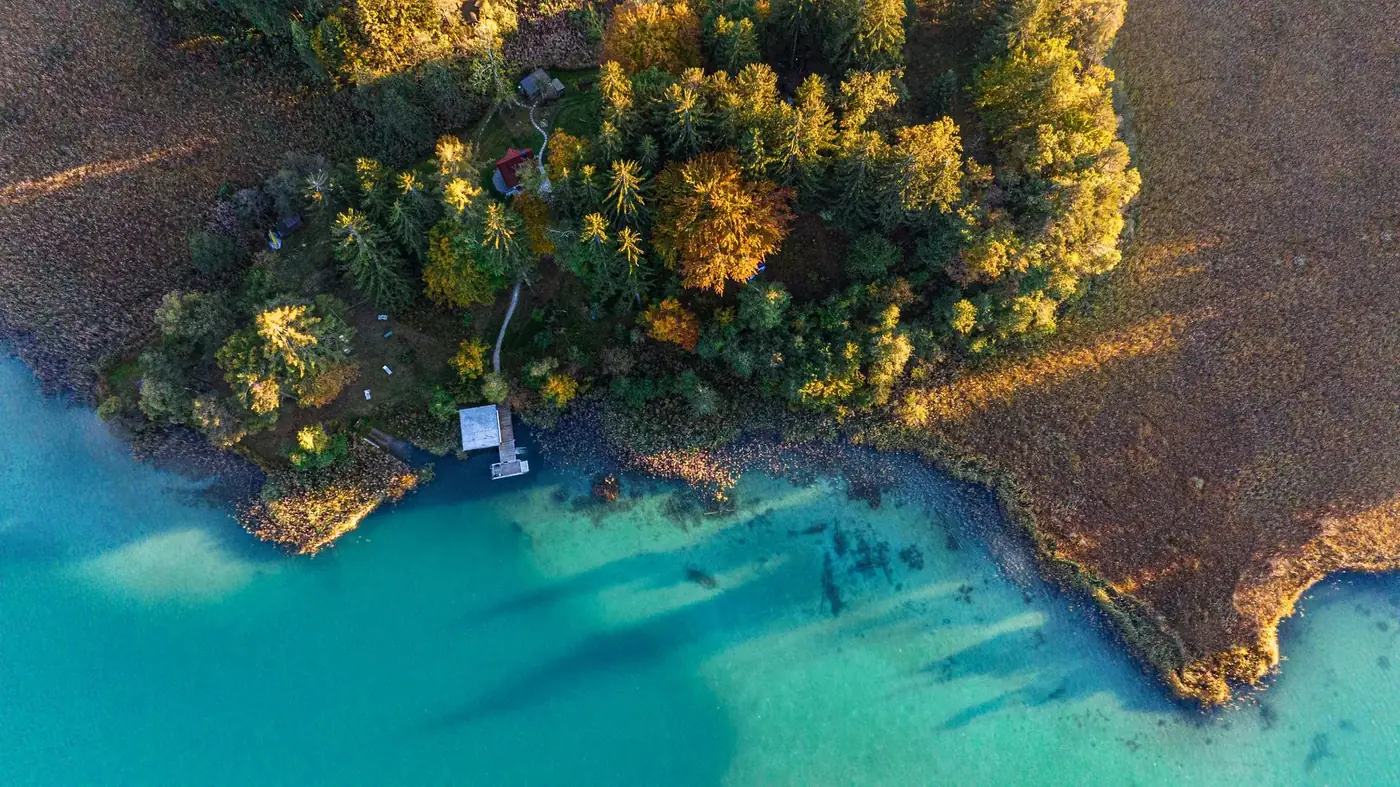 A stunning aerial view of Faaker See in autumn with vibrant foliage and clear turquoise water.