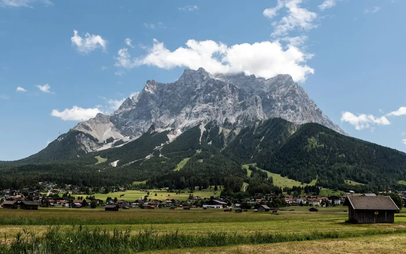 Picturesque view of Zugspitze mountain over Lermoos village in Tyrol, Austria.