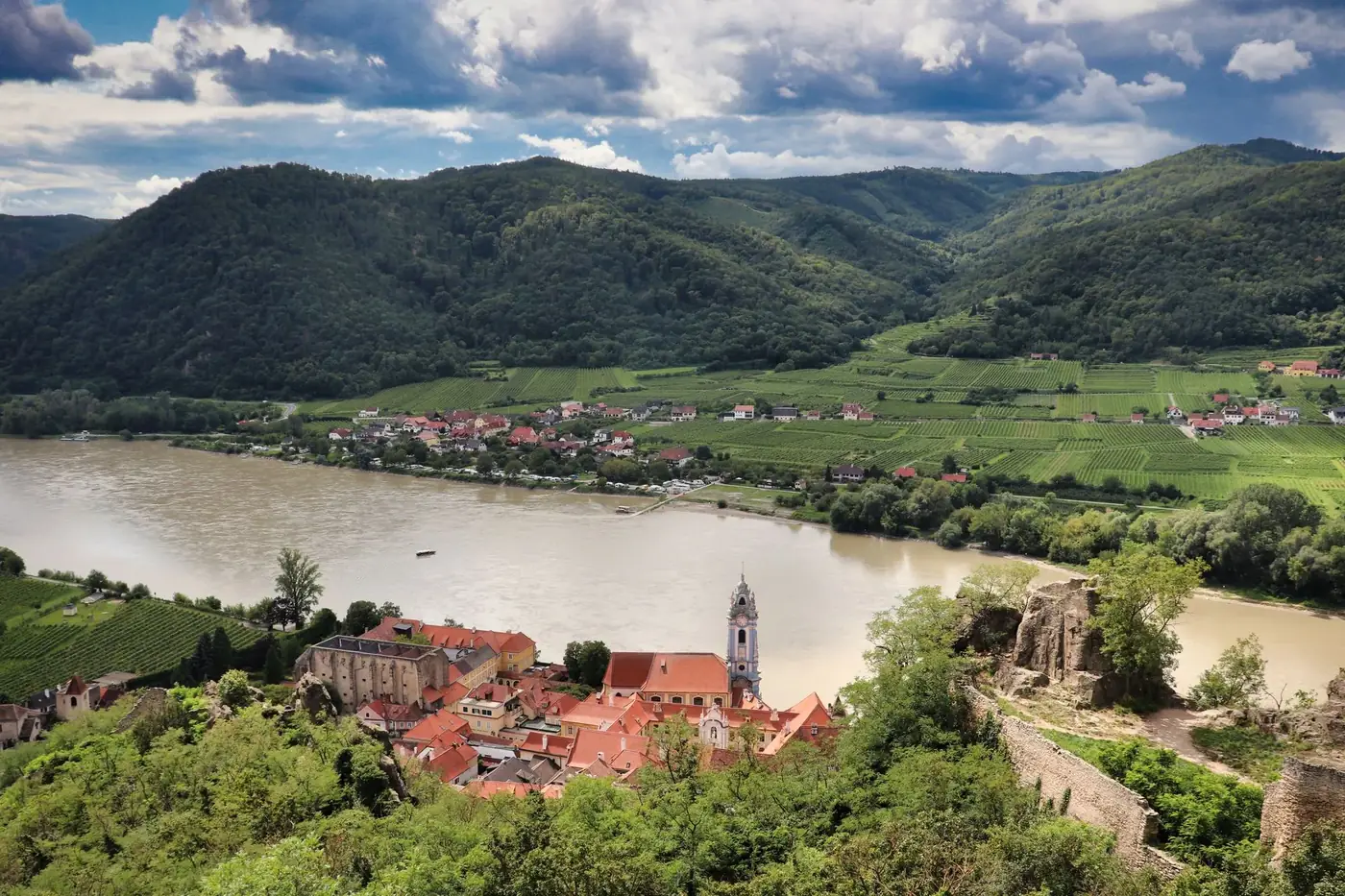 Stunning aerial view of Dürnstein with Danube River and Wachau Valley in Austria.