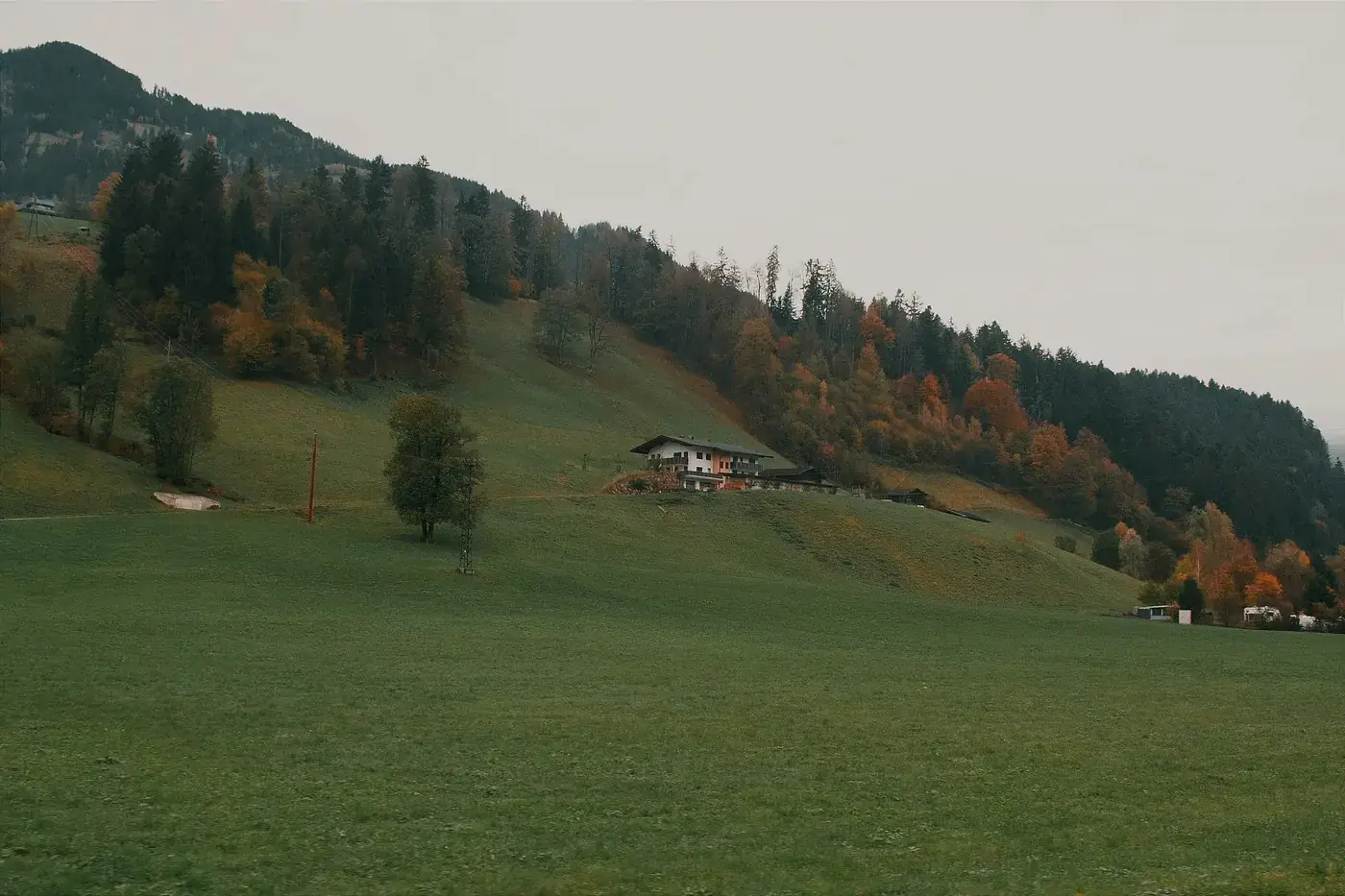 Peaceful hillside view in Tyrol, Austria, with vibrant autumn foliage and a quaint farmhouse.
