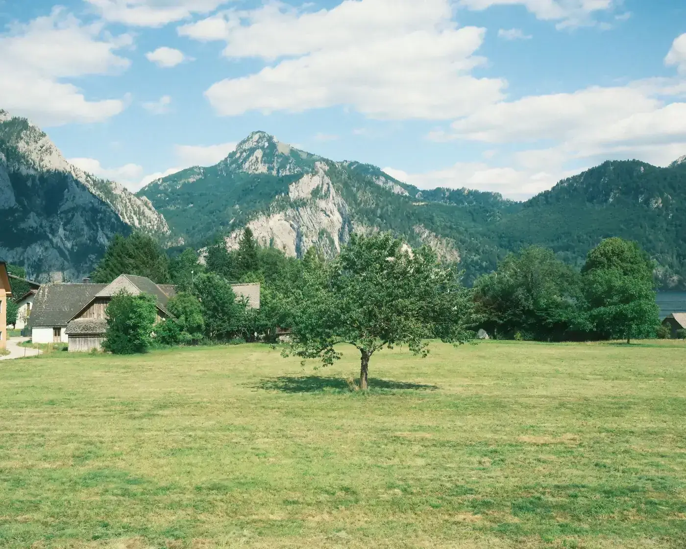 Serene landscape in Upper Austria featuring a lone tree, rustic buildings, and majestic mountains under a blue sky.