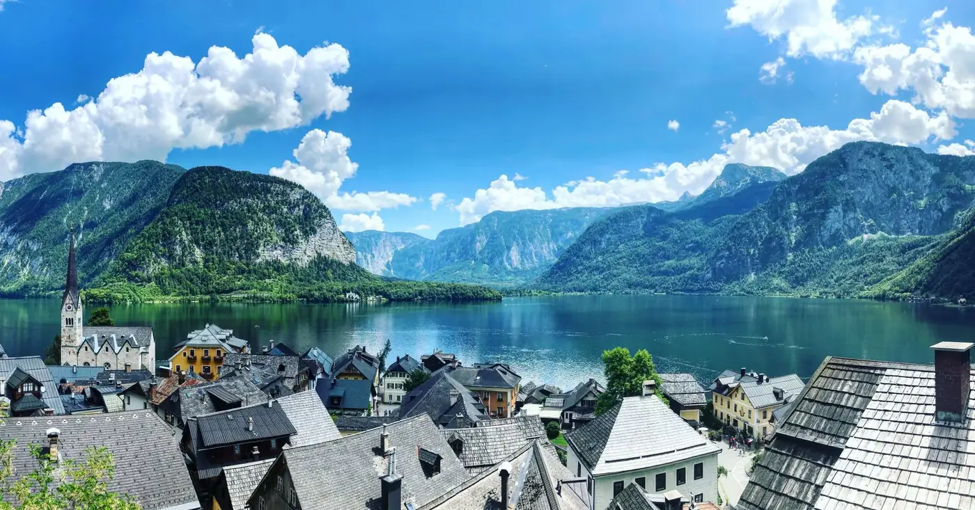 Aerial view of Hallstatt, Austria, with picturesque mountains and lake scenery.
