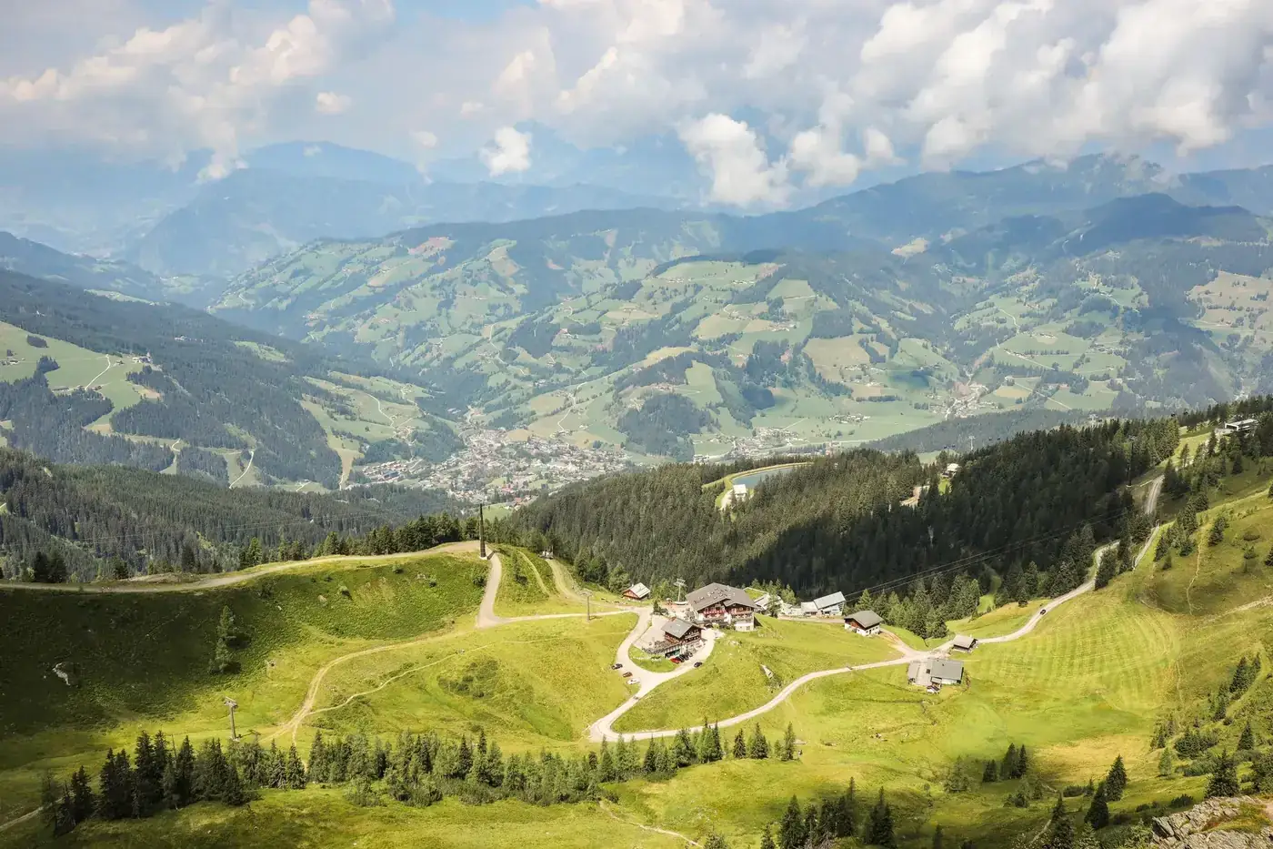 Breathtaking aerial view of Flachauwinkl's lush alpine landscape in Salzburg, Austria.