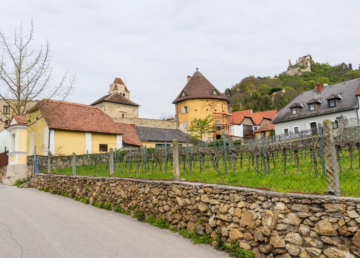 Scenic spring view of a quaint Dürnstein village street lined with historic buildings.